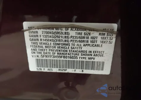 2015 Honda Pilot Touring from USA, damaged, VIN 5FNYF3H99FB016035